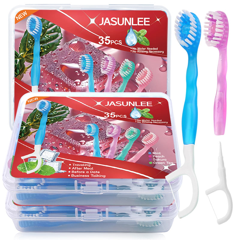 JASUNLEE 70Pack Mini Disposable Toothbrushes 5-in-1 PrePasted Travel Toothbrush with Toothpaste Flosser Pick Tongue Scraper, Individually Wrapped Box, Carry On Essentials for Airplane Camping 70