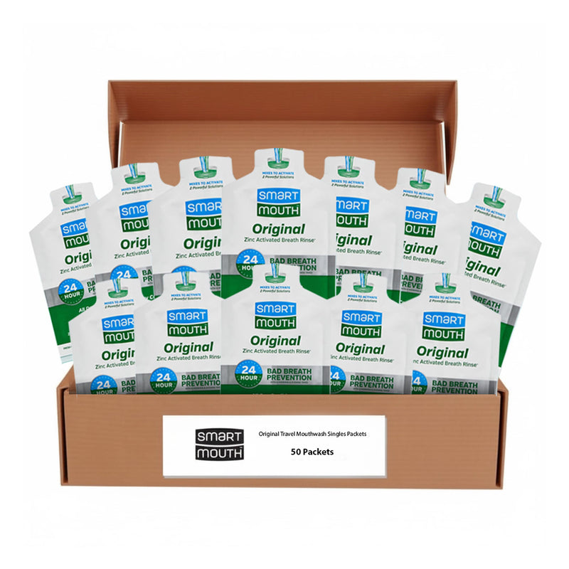 SmartMouth Original Zinc Activated Mouthwash Single Packs - Disposable Mouthwash Packets for Long-Lasting Fresh Breath - Eliminates Bad Breath & Odors - Alcohol & Fluoride-Free - Fresh Mint - 50 Count