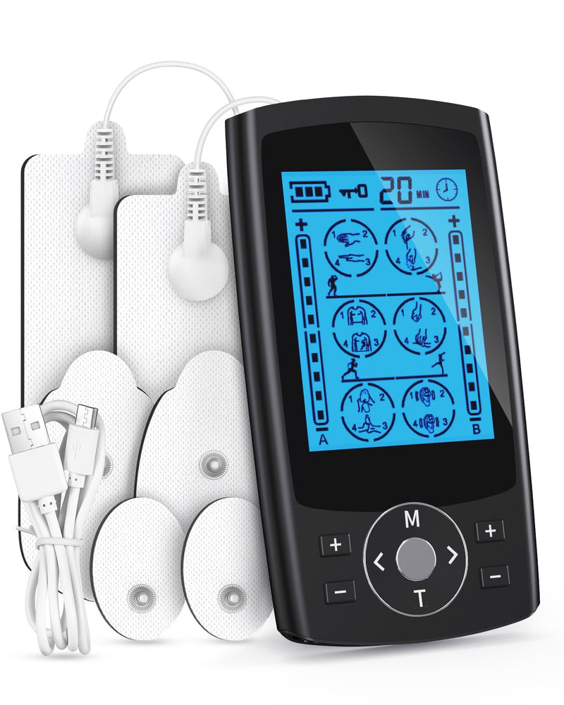 TENS Unit Muscle Stimulator, 24 Modes Dual Channel TENS EMS Machine for Muscle Tension and Back Relief, Rechargeable Pulse Massager with Timer, 6 Upgraded Pads for Neck Shoulder Leg and Knee