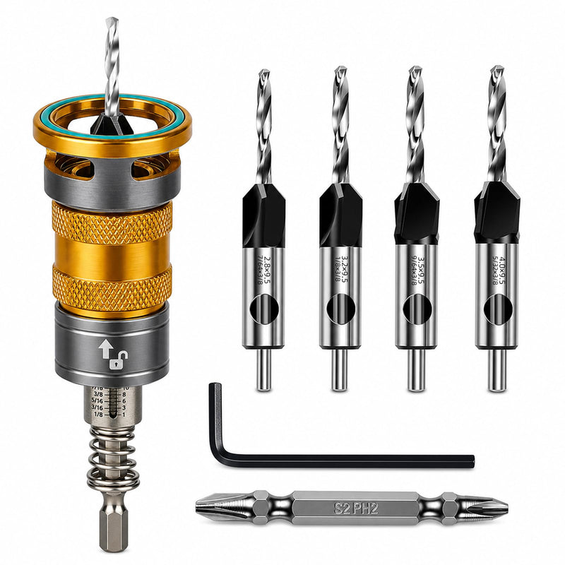 Countersink Drill Bit Set with Depth Stop 4PCS, HCS Four Blades Countersink Bits with Quick Adjust Depth Stop and L Shape Wrench, Wood Countersink Bit Set for Wood, Plastic, Woodworking 4PCS Four Blades Countersink Bits with Phillips Bit(Upgraded)
