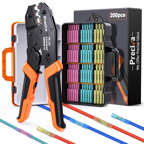 Preciva Wire Crimping Tool for Heat Shrink Connectors Kit, with 200PCS 22-10 AWG Heat Shrink Connectors,Ratcheting Crimper for Electrical, Automotive, Marine & Wiring Repairs 200PCS Heat Shrink Butt Connectors with Crimper