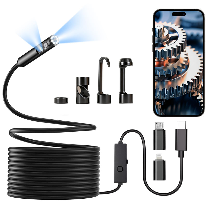Dual-Lens Endoscope Camera with Light, POLEDY 1920P HD Borescope, 8 Adjustable LED Light, IP67 Waterproof, 16.4ft Snake Camera, Semi-Rigid Cable Inspection for Android, iOS Dual Lens