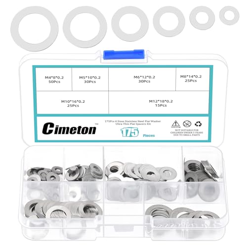 175PCS 6 Sizes 304 Stainless Steel Flat Washers Assortment Kits M3 M4 M5 M6 M8 M10 M12 Flat Spacers Shim Washers Round Flat Spacer for Screws & Bolts