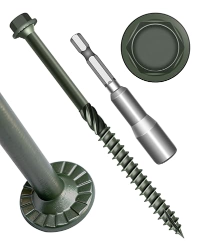 100Pcs #14 x 4 Deck Screws Hex Flanged Head Lag Screw Bolts, Epoxy Coated Rust Resistant Exterior Structural Wood Screws 4 Inch, Hex Socket Included Green Outdoor Decking Screw for Wood Fence 14 x 4" 100