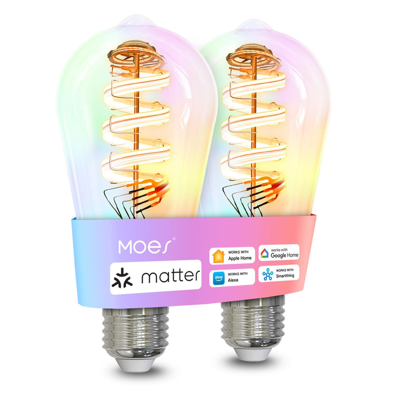 MOES Matter WiFi ST64 Edison Smart Bulbs, Color Changing Light Bulb, 16 Million RGB Colors & Tunable White, Works with Apple Home, Alexa, Google Home, E26 Dimmable 5W (40W Equivalent), 2-Pack