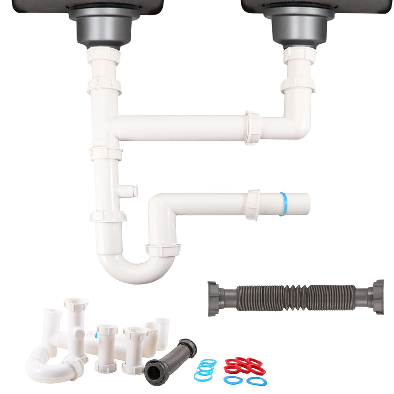 Universal 1-1/2" Kitchen Sink Drain Kit, Space-Saving kitchen drain P-trap With retractable flexible Pipe Completed Sink Pipe Replacement Kit (DIY Installation) Double Sink Drain Kit White
