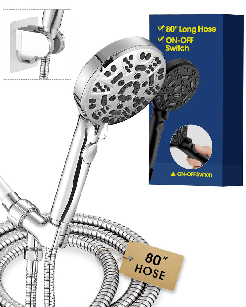 Handheld Shower Head with 6.56ft Extra Long Hose, On Off Switch 8-Seting High Preesure Hand Held Showerhead, Low-Reach Adhesive Holder for Kid, Disable& Elder (Chrome) Chrome