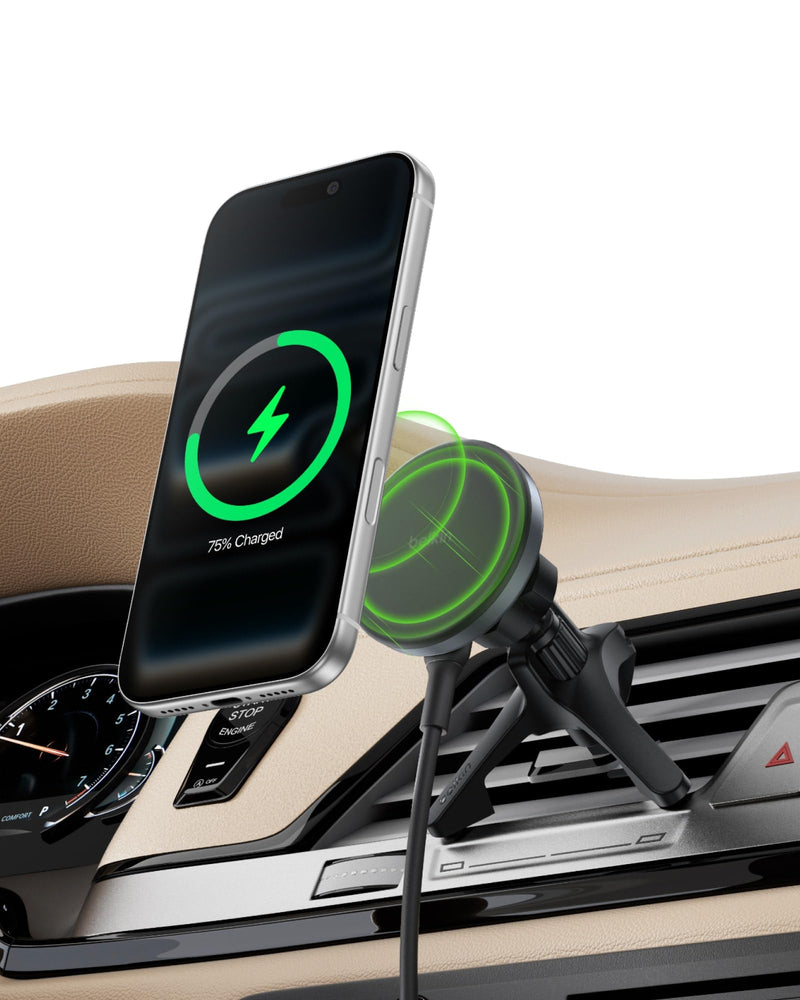 Belkin Qi2 15W Magnetic Wireless Vent Mount, Fast Charging Car Charger | MagSafe Compatible, iPhone 15/16/17, Samsung Galaxy S26, AirPods, iPads, MacBook, Chromebook, Car Phone Charger