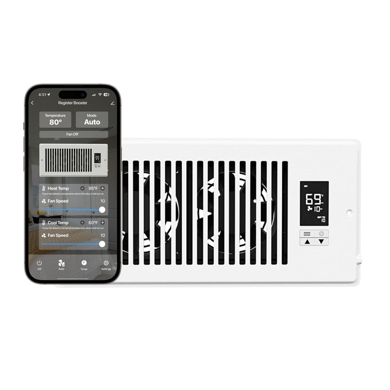 Quietcool Register Booster Fan for 4" x 10" Registers - Smart App Control - Quiet Vent Fan with Auto Thermostat - 10 Speeds