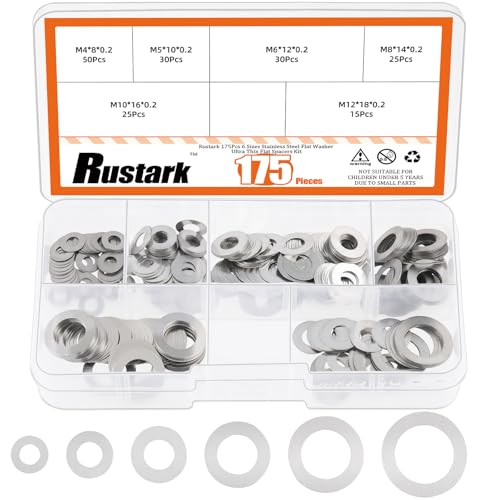 175Pcs 6 Sizes 304 Stainless Steel Flat Washer Assortment Kit Ultra Thin Flat Spacers Shim Washers Barrel Washers for Bolts Screws