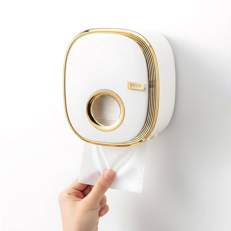 Adhesive Wall Mounted Toilet Paper Holder for Bathroom, Double Layer Space-Saving Organizer with Sealed Enclosed Design, No Drill Installation - White Gold