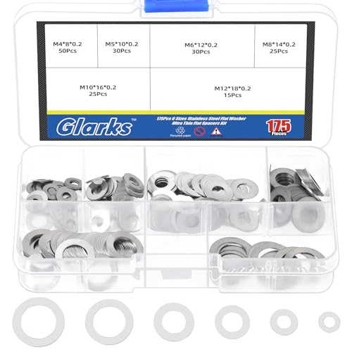 Glarks 175pcs M4/M5/M6/M8/M10/M12 Thin Flat Washers Assortment Kit, Stainless Steel Fender Washers, Ultra Thin Flat Spacers for Household, Commercial, Screws, Bolts, Industrial, Woodworking