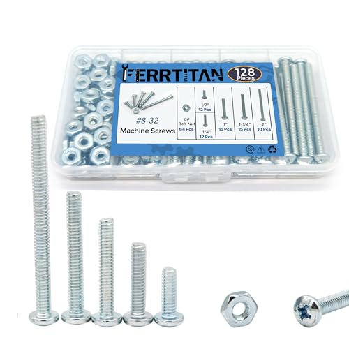 128-Piece #8-32 Machine Screws Assortment Kit – Zinc-Plated Carbon Steel Phillips Pan Head Screws with Nuts, Knobs Cabinet Screw & Electrician Screw Machine Bolts Silver #8-32 – 64 Sets, 5 Sizes