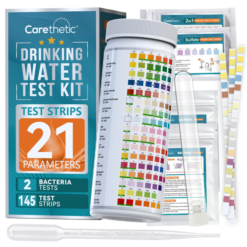 Carethetic Drinking Water Test Kit with Bacteria Test, Home Water Test Kit for Tap Water, Well Water & Filtered Water, Tests Lead, Hardness, Copper, Nitrate & Nitrite