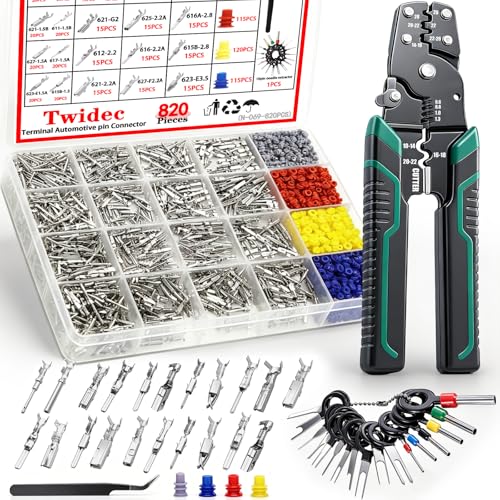 Twidec/820PCS Pin Connector Kit with Crimping Pliers,Car Electrical Wire Terminal 21Type 1/1.5/1.8/2.2/2.3/2.8/3.5mm Auto Electric Connector Terminal Non-Insulated Plug Removal Male Female Crimp Pins 820PCS+3-in-1 Crimper Tool