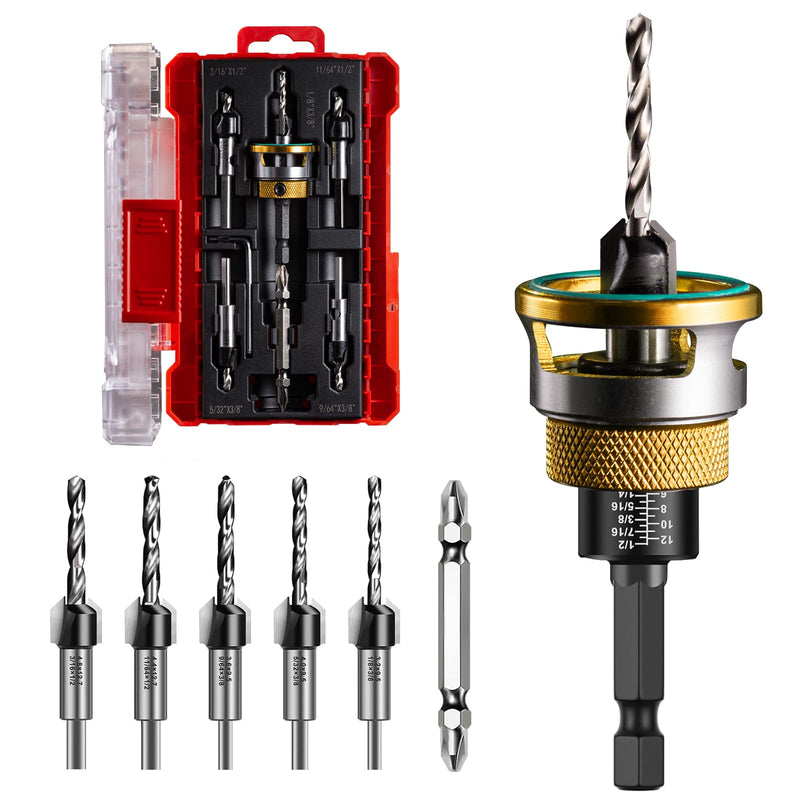Countersink Drill Bit Set - 5 Pcs Countersink Drill Bit with Aluminum Alloy Depth Stop Collar, HSS M2 Bearing Stopper Anti-Scratch, 82° Counterbores 1/4” Hex Shank for Woodworking Tools & Hand Tools Yellow-5Pcs