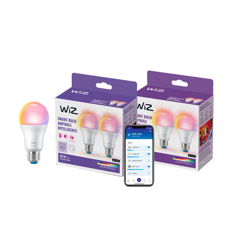 WiZ Connected Smart Light Bulbs, 4-Pack, Full Color A19 60W 800LM E26 LED Lights, Sunset/Sunrise Automation, Smart Bulbs with Motion Detection, Control with Voice or App 4 Pack