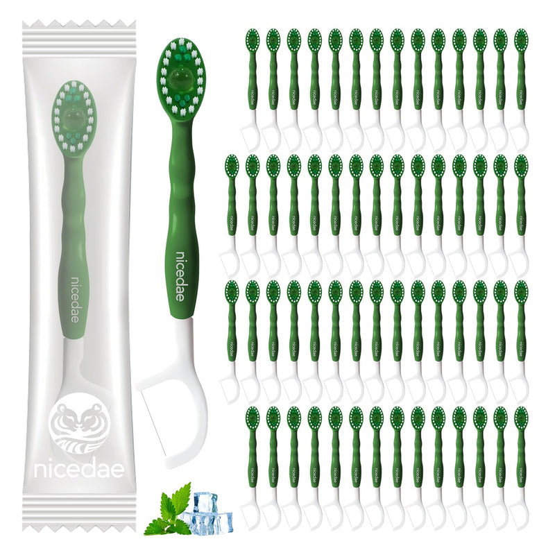 Disposable Mini Travel Toothbrush Bulk with Toothpaste 5in1 60Ct Portable Toothbrushes Set Floss Pick Tongue Scraper Cruise and Travel Essentials (Green) Green
