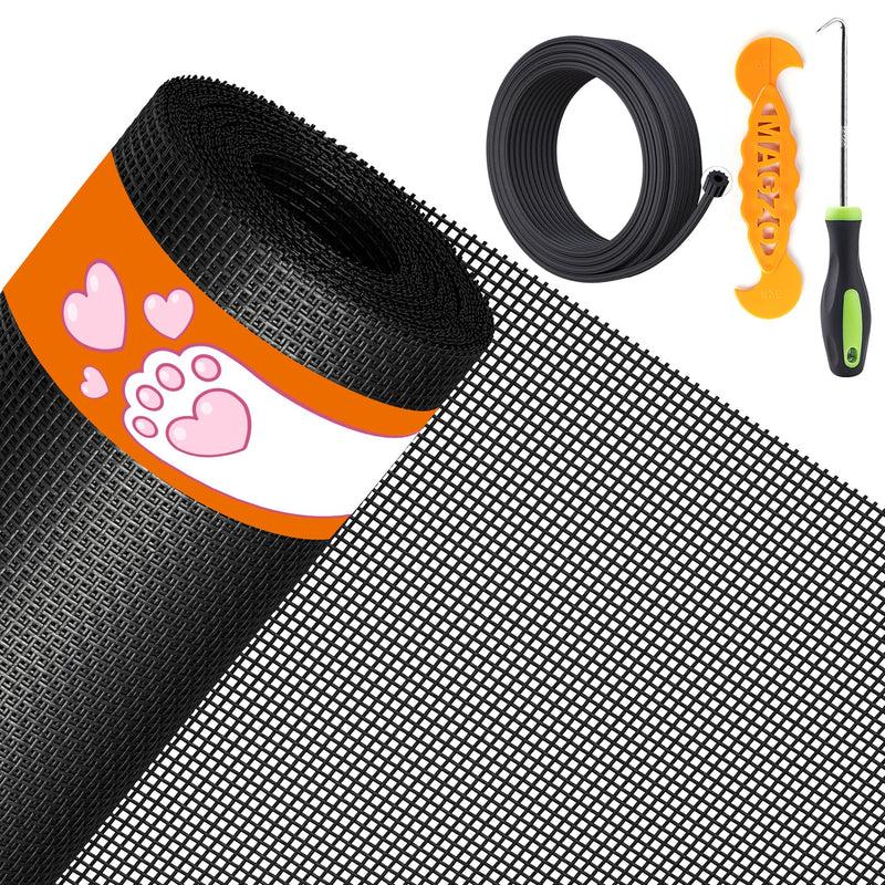 MAGZO Pet Proof Window&Door Screen Replacement Kit, 48" W x 99" L, Best Vinyl Coated Polyester Mesh Dog Cat Resistant Heavy Duty, 32FT Retainer Spline&Spline Removal Hook&Press-Fit Roller Tool, Black 48"W x 99"L(with Tool) Black(Include Tool)