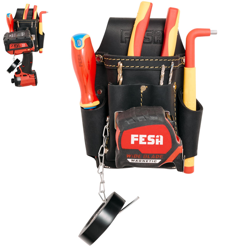 FESA Small Electrician's Tool Pouch - Leather 7-in-1 Small Tool Pouch with Steel Tape Measure or Drill Clip, Tape T-Chain & 5 Pockets - Clip On Any Belt - Handcrafted Black