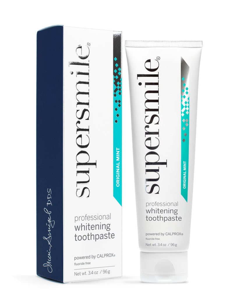 Supersmile Original Mint Fluoride-Free Whitening Toothpaste, 3.4 oz, TSA Approved Travel Size Toothpaste with Calprox®, Whitens 5.5 Shades in 7 Days, RDA 65 Low Abrasion, Enamel Safe for Veneers 3.4 Ounce (Pack of 1)