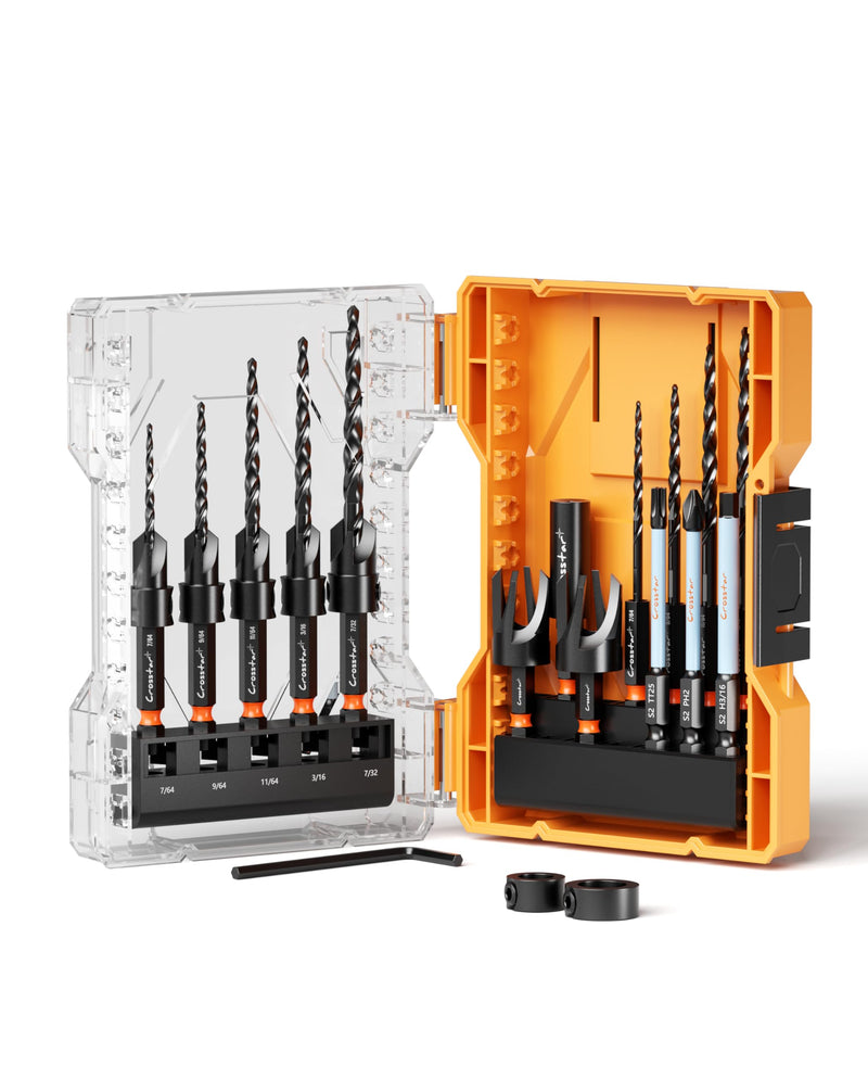 Crosstar 18PCS Countersink Drill Bit Set with Wood Plug Cutter & Stop Rings | Tapered Pilot Bits, M2 HSS, 1/4" Quick Change Hex Shank | All-in-One Woodworking Kit with Storage Box