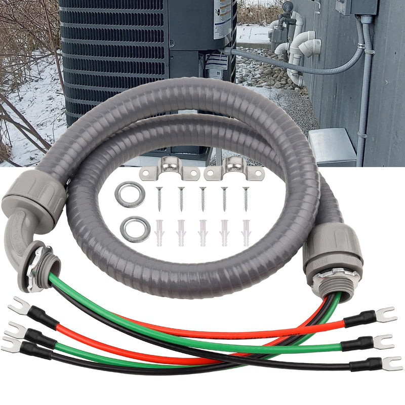 1/2Inch Power Whips Assembly, 4FT Nonmetallic Liquid Tight Flexible Conduit Wire with 3 Conductors 10 Gauge THHN Electrical Wires, A/C Hook-up Whip Kit Electrical Wire(4FTx1/2Inch) Teminal