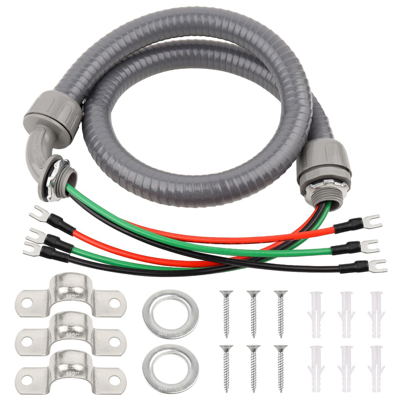 1/2 Inch AC Whip Assembly Kit 4 FT with Terminal, Non-Metallic Liquid Tight Electrical Conduit with 10/3 Gauge THHN Wire for Heater, Air Conditioner, Timer, Mini Split System