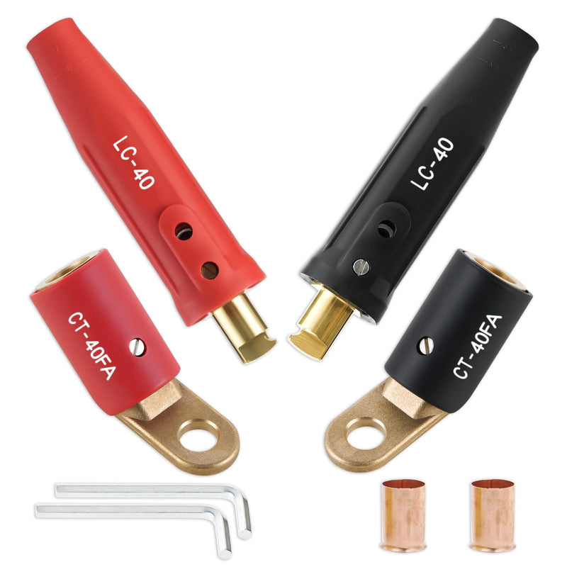 CT-40FA Welding Terminals & LC-40 Male Cable Connectors, Welder Leads Connector Set for Welding Machine Accessories, 1/0 Thru 2/0 Cable Capacity 350 Amp 50-70 SQ-MM Black & Red 2-Set LC40 Male & CT-40FA 2-PK