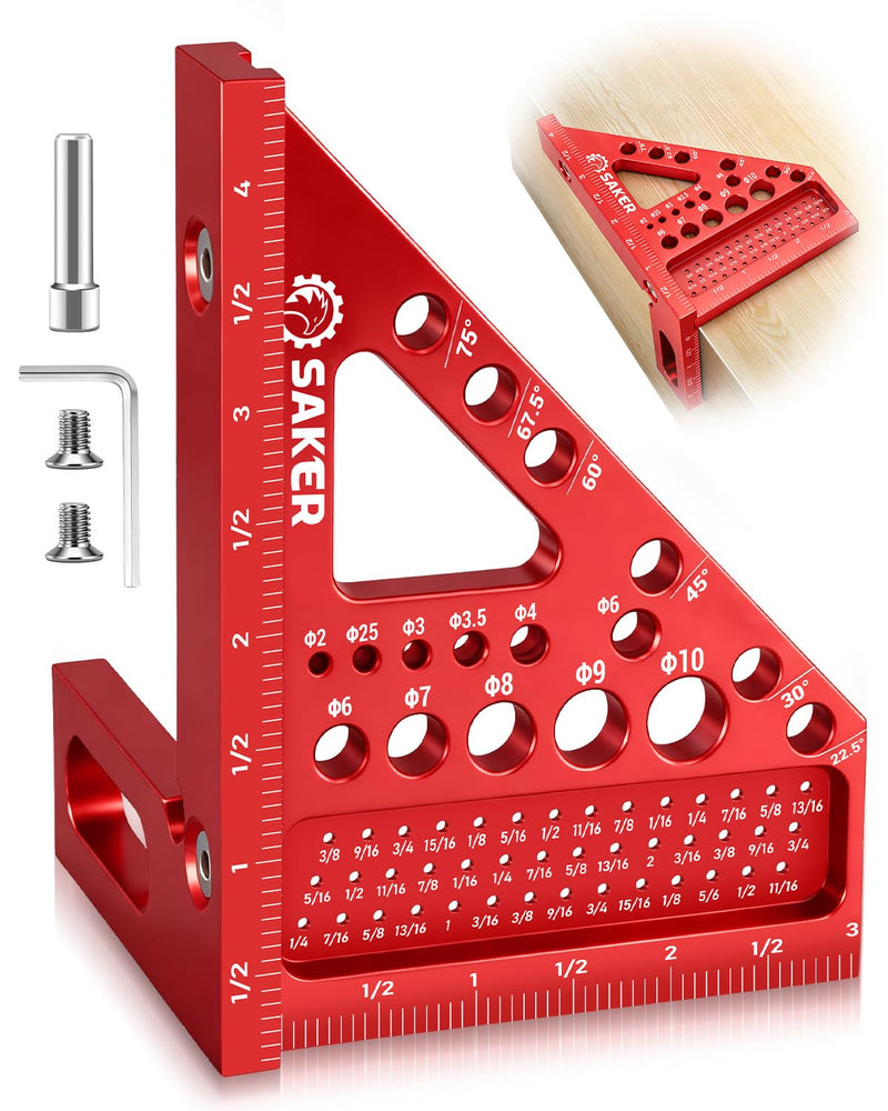 Saker 3D Multi-Angle Measuring Square Ruler, Aluminum Alloy Carpenter Square, 0-90° Precision Hole Scribing Ruler with Angle Pin for Woodworking, Engineering, and Construction Projects 4.4inch
