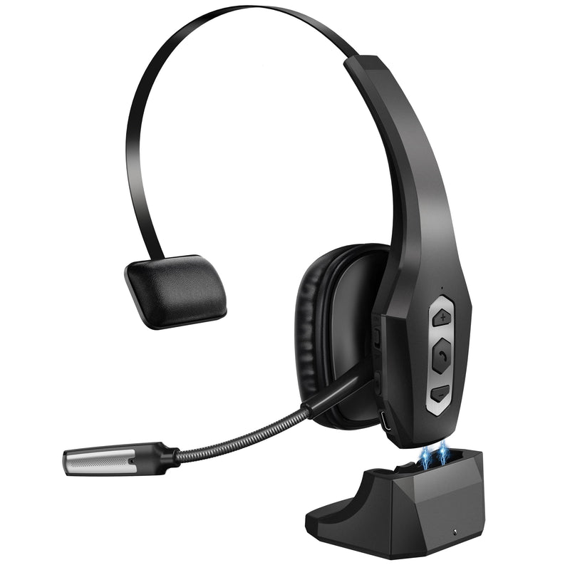 Trucker Bluetooth Headset with Charging Base, Wireless Hands-Free Headset with Noise Canceling Mic & Mute Button, 56Hrs Working Time PC Headsets for Cell Phones, Computer, Truck Driver BLACK