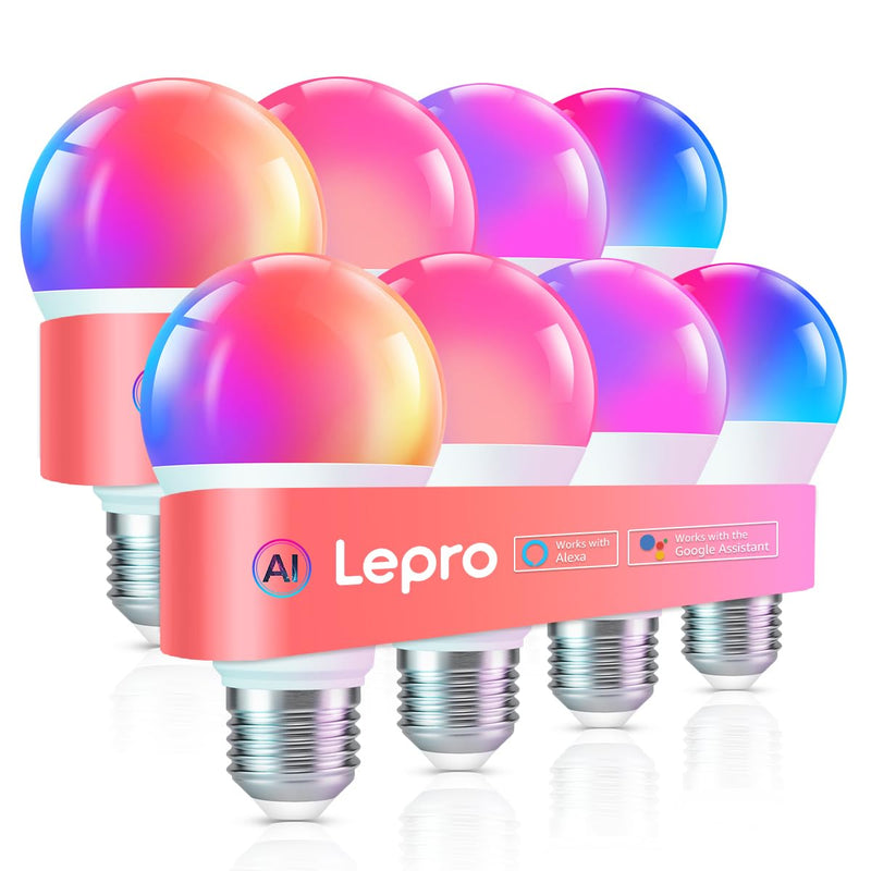 Lepro B1 AI Smart Light Bulbs - WiFi & Bluetooth RGBWW Color Changing LED Bulb Works with Alexa & Google Assistant, Personalized Al Lighting Designer, AI Voice Control, Music Sync, 2.4GHz Only, 8 Pack