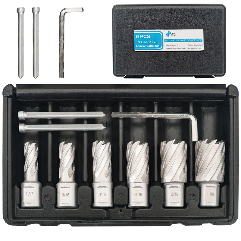 6pcs M2 HSS Annular Cutter Set 1" Depth 1/2"-1-1/16" 3/4" Weldon Shank | Mag Drill Bits for Magnetic Drill Press, Includes 2 Pilot Pins & 1 Hex Wrench, for Steel, Aluminum and Copper 1/2"-1-1/16" 6PCS HSS 1" Cutting Depth