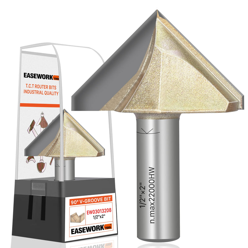 EASEWORK TOOL 90° V-Groove Router Bit, Professional-Grade Carbide Tipped, Woodworking Grooving – 1/2" Shank × 2" Diameter × 1-11/64" Cutting Depth 2"(Dia.) X 1-11/64"(Depth)