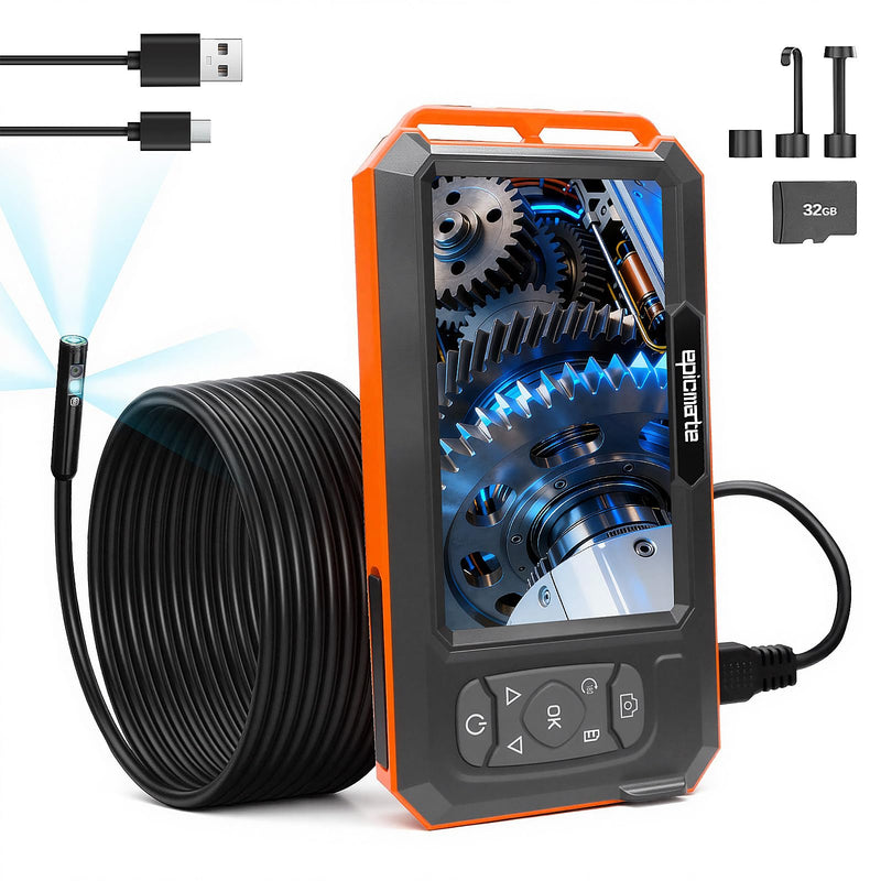 Endoscope Camera with Light, 5" IPS 1920P HD Borescope with Triple Lens, Inspection Borescope with 16.4FT Semi-Rigid Snake Cable and 32GB Card, IP67 Waterproof Drain Camera for Sewer/Pipe/Automotive
