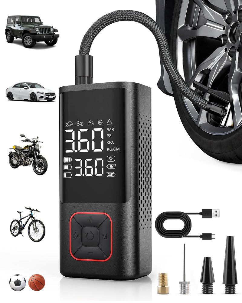 Cordless Tire Inflator 150PSI Portable Air Compressor with Auto Shutoff, Air Pump for Car Tires, Motorcycle, Bike, Balls, Inflatables, LED Light, Red, Standard Capacity
