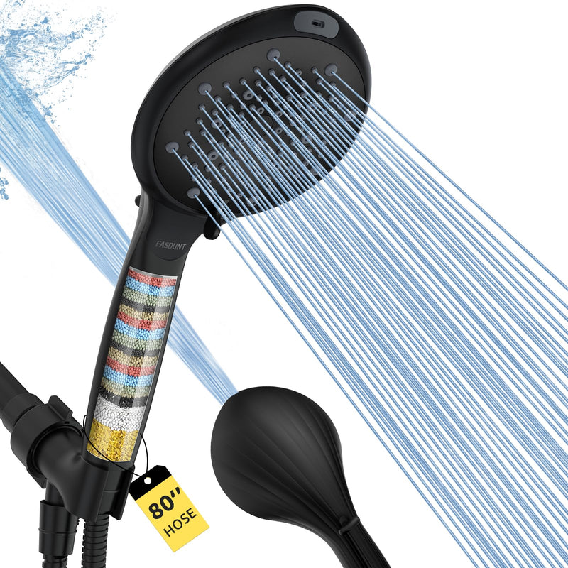 FASDUNT Filtered Shower Head with Handheld, High Pressure 8-Mode Handheld Showerhead with Filters for Hard Water -Remove Chlorine, Built-in Power Wash, 80" Long Hose & Adjustable Bracket, Black 8 Spray-Settings Matte Black