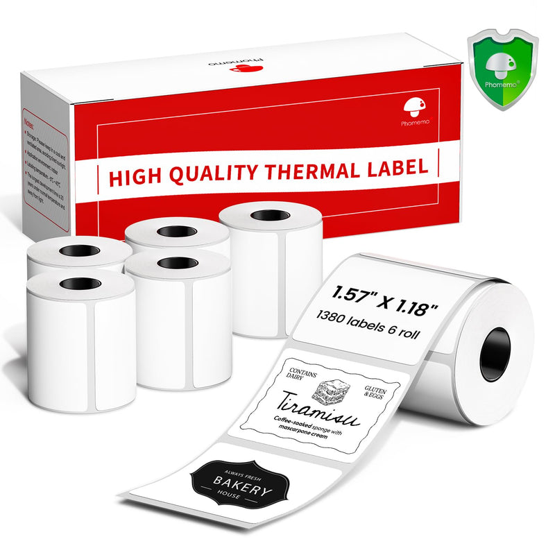 Phomemo Labels M110-1380 Pcs 1.57"x1.18" (40mm x 30mm) Thermal Labels- for M110/M220/M100/M221/M250/M260 Label Printer,for Barcode/Address/Mailing/Logo/Business/Home, Black On White 1.57"x 1.18" 6