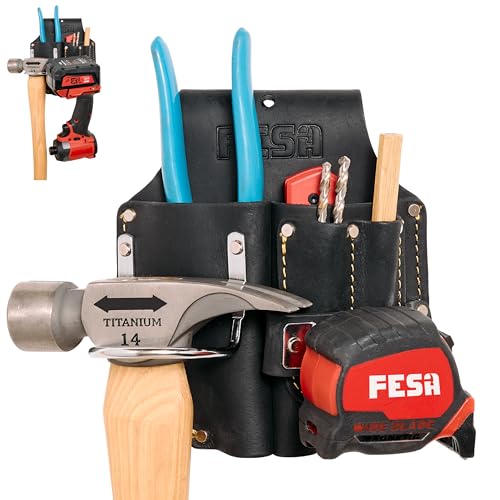 FESA Durable Leather Pliers Holster - Leather Double Plier Holder for Belt with Steel Hammer Holder, Tape Clip & 2 Carpenter's Pencil Pockets - Clip On Any Belt - Handcrafted Black
