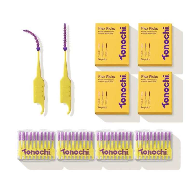 Flex Picks Soft Flexible Dental Picks for Teeth Cleaning, Disposable Interdental Brushes, Gentle on Sensitive Gums, Wire-Free Metal-Free, 320 Count (4×80) with Travel Cases