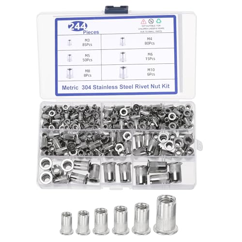 uxcell 244Pcs Rivet Nut 304 Stainless Steel M3 M4 M5 M6 M8 M10 Silver