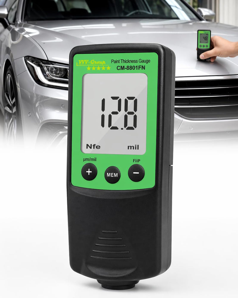 Paint Thickness Gauge CM-8801FN for Cars – Digital Coating Thickness Meter, Auto Fe/NFe Detection, 1 μm Resolution, 0–1250 μm (0–49 mils), ±(3%+2 μm) Accuracy, Automotive Inspection Tool