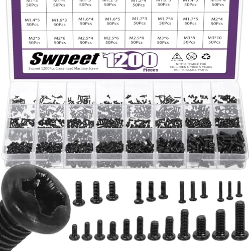 Swpeet 1200Pcs 24 Sizes M1 M1.2 M1.4 M1.6 M1.7 M2 M2.5 M3 Phillips Flat Head Machine Screws Assortment Kit, Small Cross-Head Flat Round Head Screws Tiny Fastener for Furniture Connection Black