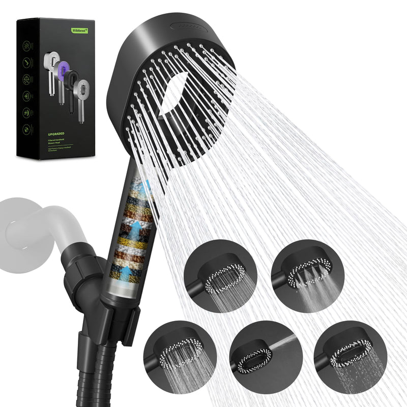 Hibbent Filtered Showerhead with handheld, High Pressure 5 Sprays Handheld Shower Head with Brass Holder & 71" Metal Hose, Water Softener for Hard Water-Remove Chlorine, Reduces Dry Itchy Skin, Black Showerhead with 1 Filter Matte Black