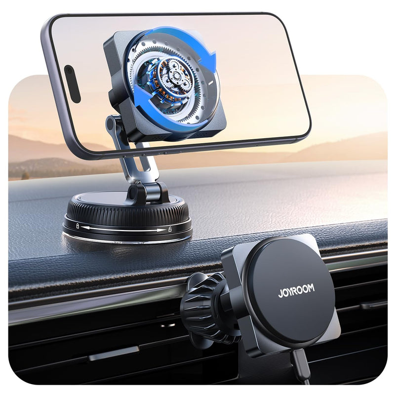 JOYROOM for MagSafe Car Mount Charger, [Smart Fingerprint-Touch Rotation] 15W MagSafe Wireless Car Charger[Vacuum & Gel 360° Base] Air Vent Dashboard Set for iPhone 17 16 15 14 13 12 Series, Black