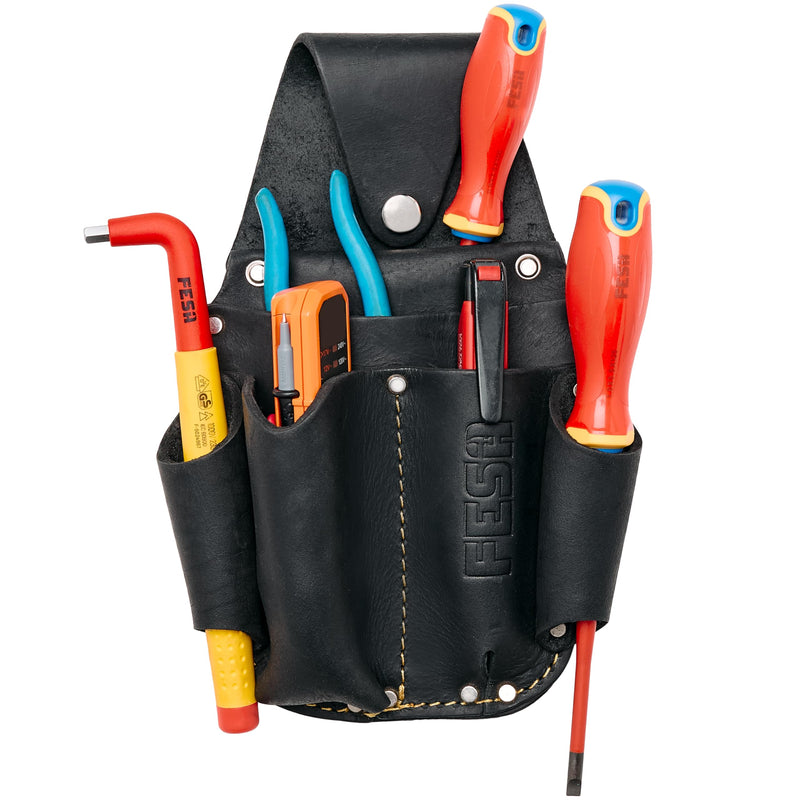 FESA Leather Electrician Tool Pouch - Pocket Caddy Clip On Tool Pouch with Voltage Test Meter Pocket & 5 Other Compartments - Easy On & Off - Fits Belts up to 3" Wide - Handcrafted Black