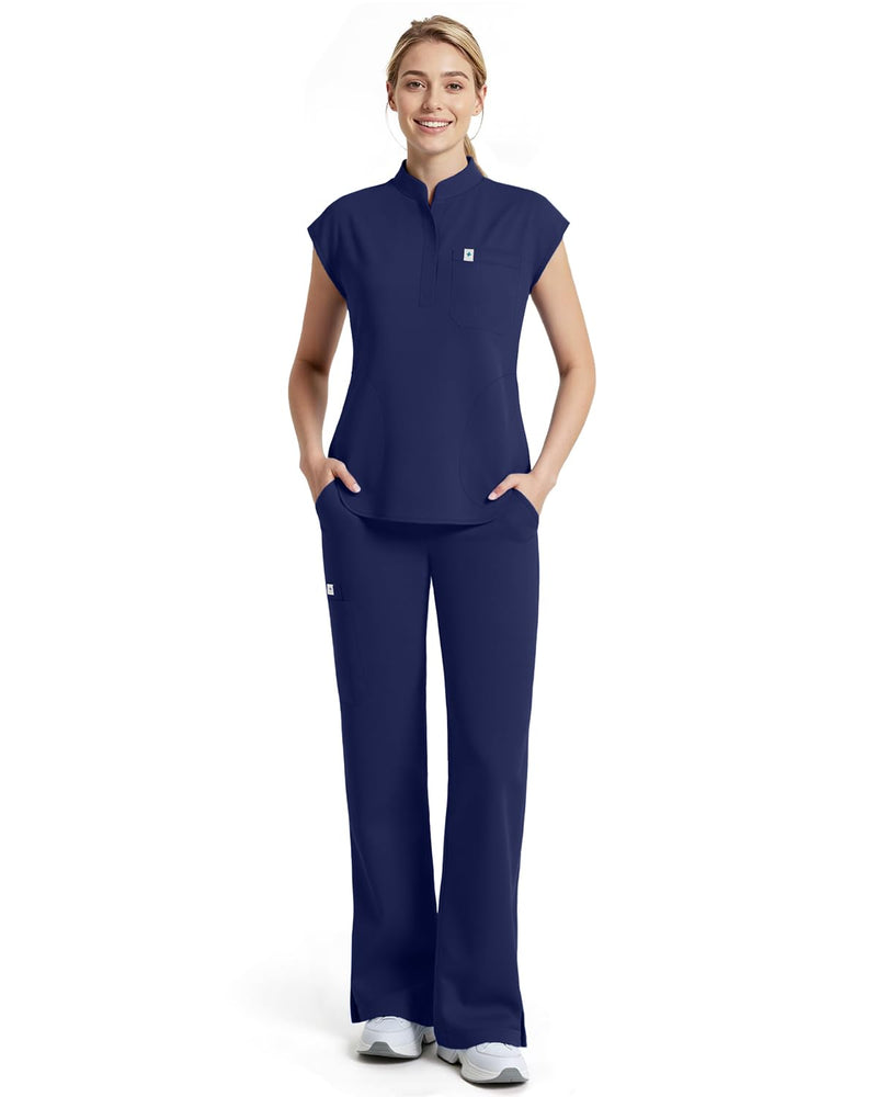 Women Scrubs Set,Sleeveless Stand Collar Scrub Top,Straight Leg Scrub Pant,11-Pocket Medical Uniform,Yoga Waistband Medium Navy Blue