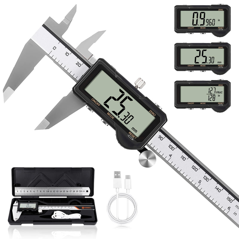 HARDELL Digital Caliper, Rechargeable Digital Caliper 6 inch with Reset Setting, Caliper Measuring Tool with MM/in/F Conversion, Auto Off, Micrometer with Large Screen for Jeweler/Woodworking/DIY
