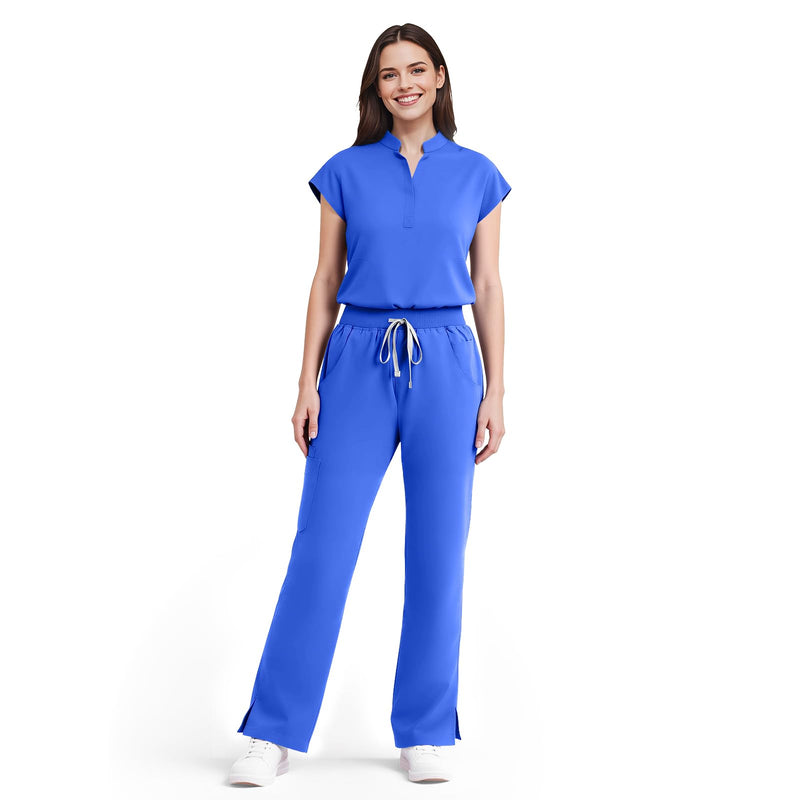 Women's Sleeveless Scrub Set,9-Pocket Straight Leg, Yoga Waist | Stand-up collar top, straight leg pants w/ side slits. Soft stretch knit. Yoga waist. Wrinkle-free. For nurses/docs/vets. Medium Royal Blue