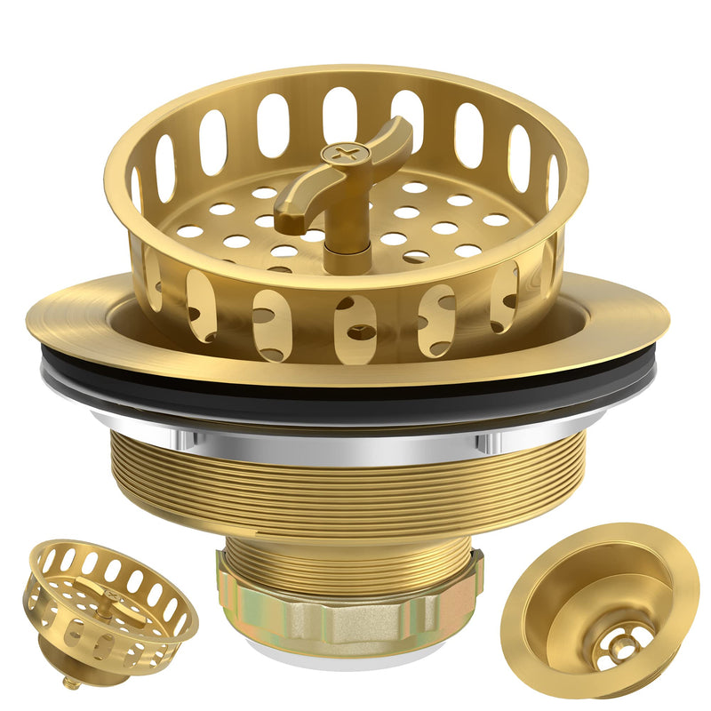 Gold Sink Drain Strainer 3-1/2 Inch Kitchen Sink Drain Assembly Kit with Stainless Steel Strainer Basket and Drain Stopper for Standard Kitchen Sink Brushed Gold